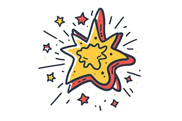 Cartoonish illustration of a burst. Yellow explosion with red outline, stars, and rays on white background