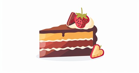 Cartoon slice of layered cake, chocolate glaze, whipped cream, and strawberry garnish
