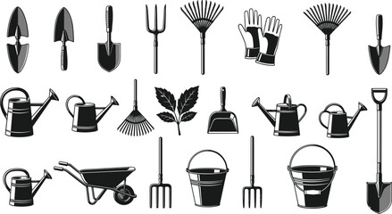 Black vector silhouette and line art set of gardening tools including shovels rakes watering cans buckets wheelbarrow and gloves for landscaping and backyard garden design © Azufa
