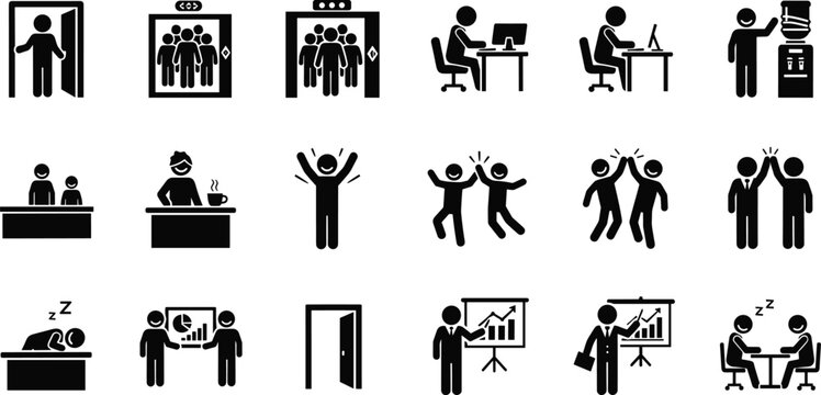 Black vector silhouette icon set of office workers in various situations including meetings presentations elevator rides desk work and coffee breaks for corporate business design