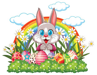 Cute Easter Bunny with Colorful Eggs and Rainbow in Garden