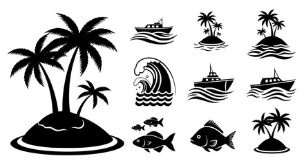 Obraz premium Tropical Island and Nautical Icon Set Featuring Palm Tree Silhouettes, Ocean Waves, Sea Fish, and Various Boat Designs