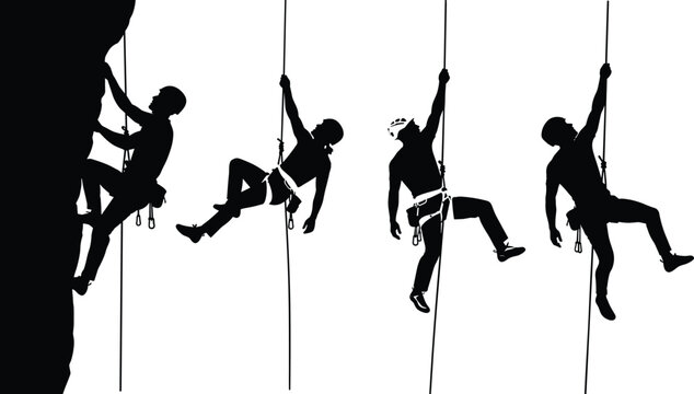 Black vector silhouette set of four rock climbers and rappellers ascending a cliff and descending on ropes for extreme sports mountain adventure and outdoor design