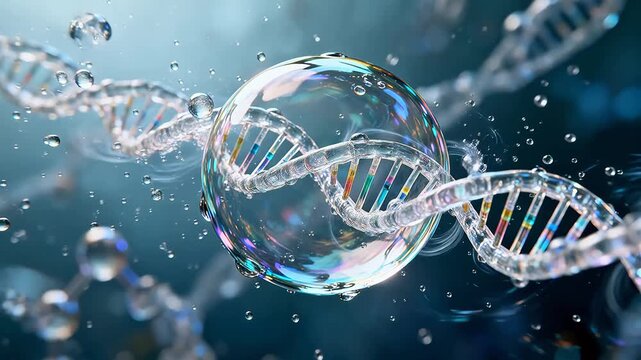 DNA double helix structure inside water bubble and molecular models