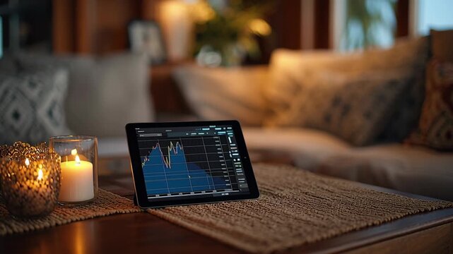 Simple finance lifestyle concept tablet stock chart on wooden table with candles cozy ambiance
