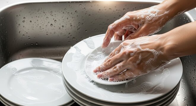 Hands washing dishes in kitchen sink