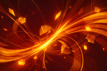 金と赤の光が交差する流線型抽象背景