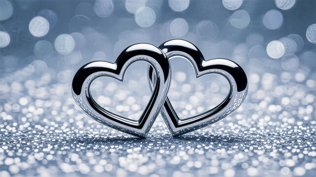 Two open silver heart outlines intertwined on a sparkling blue bokeh background hearts love
