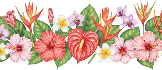 Vibrant Tropical Floral Border Featuring Pink Hibiscus Anthurium Orchid and Plumeria Flowers with Green Leaves for Summer Vacation and Exotic Wedding Invitation Designs © Rumi