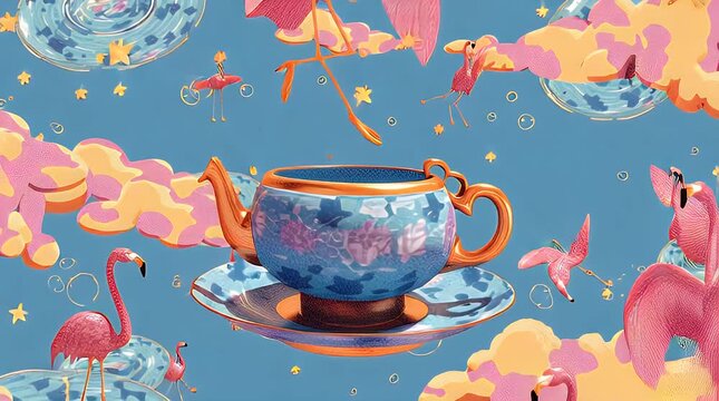 Whimsical Flamingos and Teapot in Clouds.
