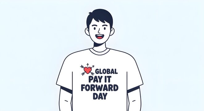 An illustration of a smiling young man wearing a white t-shirt emblazoned with the official logo and text for Global Pay It Forward Day.