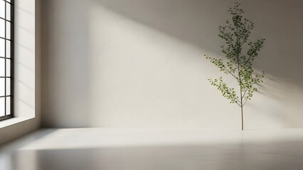 Obraz premium Interior scene with a lone tree bathed in sunlight from a large window casting shadows on the wall