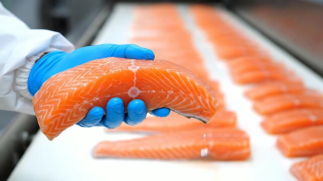 Quality control inspector wearing blue gloves meticulously examines a fresh, vibrant, bright orange salmon fillet moving along a commercial food processing conveyor belt system.