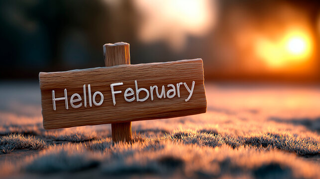 Wooden sign with Hello February text standing on frosty grass at sunrise, symbolizing winter month beginning and seasonal change