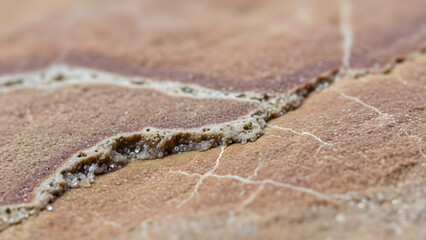 Detailed macro shot capturing the intricate network of fissures on a weathered, reddish-brown stone surface, revealing the textured patterns of erosion and natural degradation