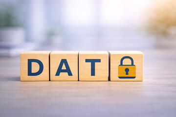 Data security concept with wooden blocks spelling data and padlock icon for internet privacy protection information safety