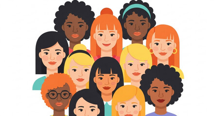 Diverse group of women with different skin tones and hairstyles standing together in unity and solidarity