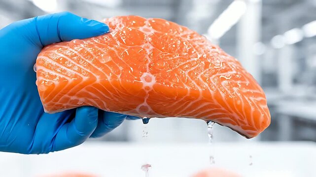 Fresh, vibrant, bright orange raw salmon fillet with distinct white marbling held carefully by a hand wearing a bright blue protective nitrile glove in a processing facility.