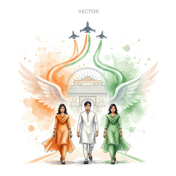 Indian modern republic day background and patriotic people ramp walk at india gate.