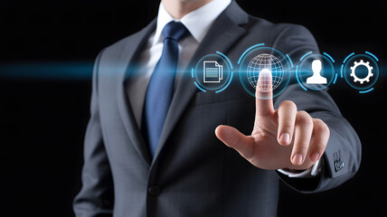 Businessman pressing glowing globe icon on digital interface symbolizing connectivity, innovation, and transformation