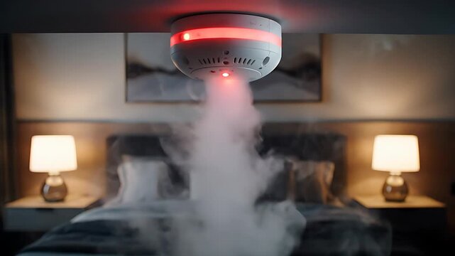 Ceiling mounted white smart smoke detector actively senses thick white vapor or smoke emitting a bright red warning light in a modern bedroom setting.