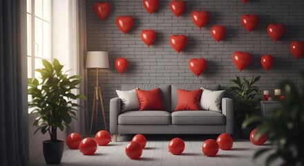 Obraz premium Happy valentines day decorations with red balloons and romantic couch setup