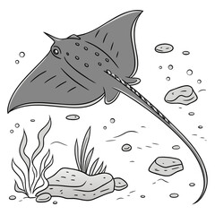 Illustrated ray fish swimming above coral reef © MST CHIN BANU BEGUM