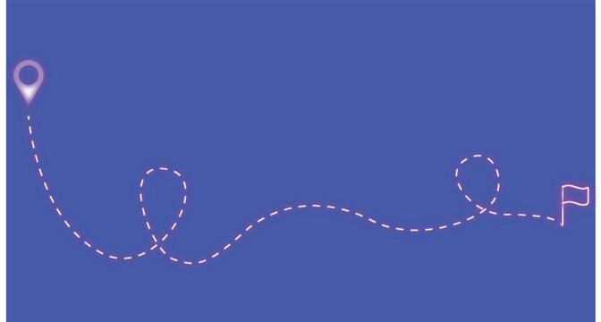 Dotted Neon line art with location pointer and flag, address, map pointer sign on isolated background. Travel map icon with curve dotted path