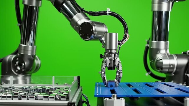 Advanced Industrial Robotic Arm Performing Precise Pick and Place Operation in Manufacturing Process on Green Screen