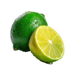Two limes, one whole and green, one cut with yellow interior, isolated
