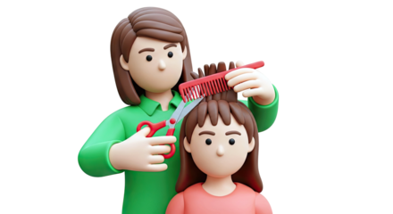 Cartoon mother cutting daughter's hair