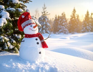 Obraz premium A snowman wearing a red hat and scarf stands beside a snow-covered pine tree