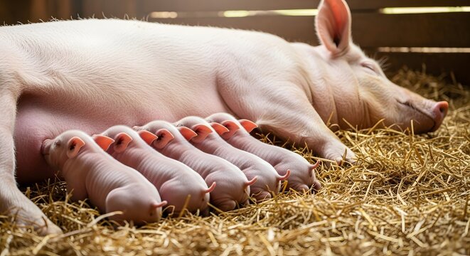 A mother pig peacefully suckling her tiny newborn piglets on fresh straw, depicting a beautiful farm livestock births concept