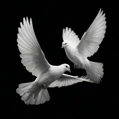 Obraz premium Two elegant white doves in mid-flight against a deep black background, showcasing their delicate feathers and peaceful nature.