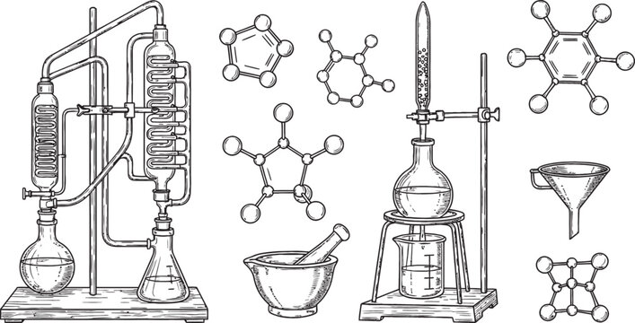 Hand-drawn illustration of chemistry laboratory equipment and molecular structures, including distillation apparatus and various chemical bonds.