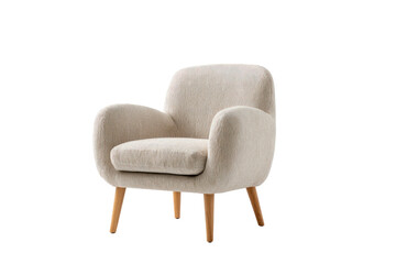 Beige armchair with rounded form, wooden legs, isolated on black background