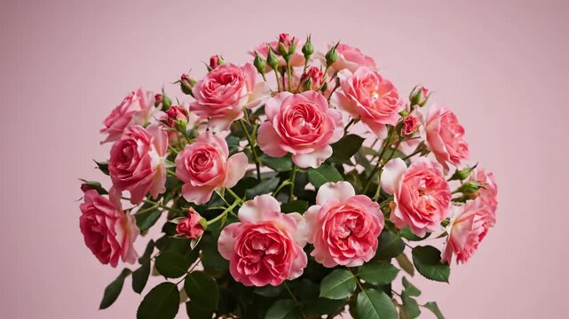 Beautiful rose bush with pink blooms on a soft pink background