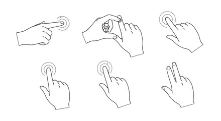 Obraz premium Line drawings of hands interacting with touchscreens in various gestures.