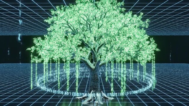 Futuristic digital data tree growing with binary code roots
