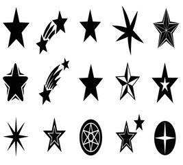 Obraz premium A collection of various black silhouette stars shooting stars and celestial symbols on a plain white background
