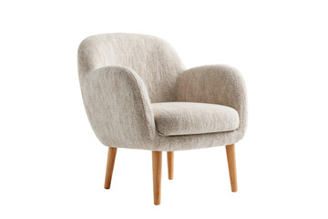 Beige, rounded armchair with light wood legs isolated on black backdrop