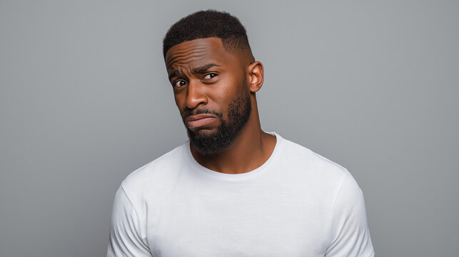 Young Black man with skeptical expression looking sideways against a neutral studio background with copy space