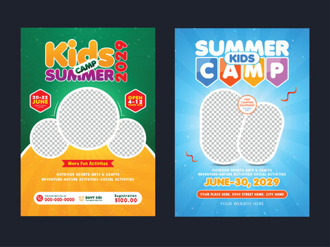 Summer camp clipart template set. kids summer camp invitation card or poster design for holiday fun activities flyers collection
