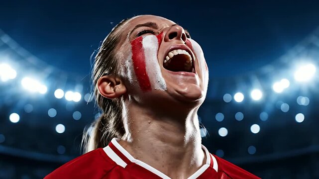 Passionate female sports fan screams loudly with intense red and white face paint under bright stadium lights celebrating a major victory