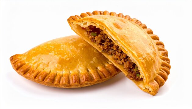 Two baked empanadas on white surface, one cut open showing meat filling