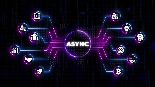 A S Y N C neon glowing representing asynchronous concepts like finance technology and communication on a dark background with coding numbers