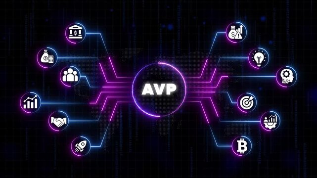 Animated A V P infographic with representing finance, technology, and business growth on a futuristic background with neon lines and symbols