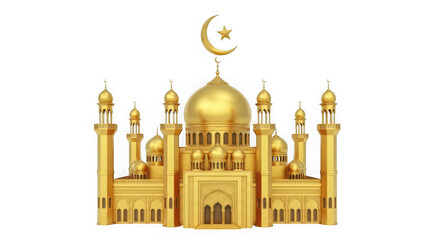 Obraz premium Luxurious golden mosque with crescent and star symbol, islamic architectural design, isolated on transparent background