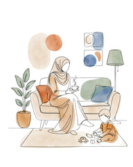 Fototapeta premium Abstract illustration of Muslim mother and child bonding at home