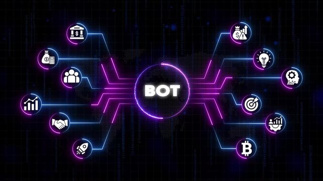 Neon Bot Concept with Financial and Technological on Dark Background with Binary Code robot artificial intelligence